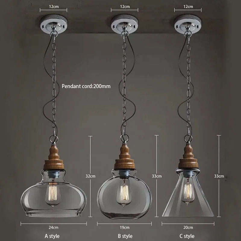 Afralia™ Vintage Industrial Wood Clear Glass Pendant Light Loft Fixture