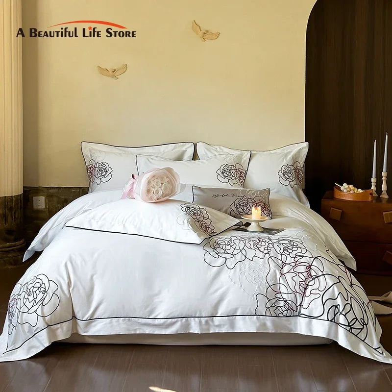 Afralia™ Rose Flowers Luxury Embroidery Bedding Set - 1000TC Egyptian Cotton 4Pcs
