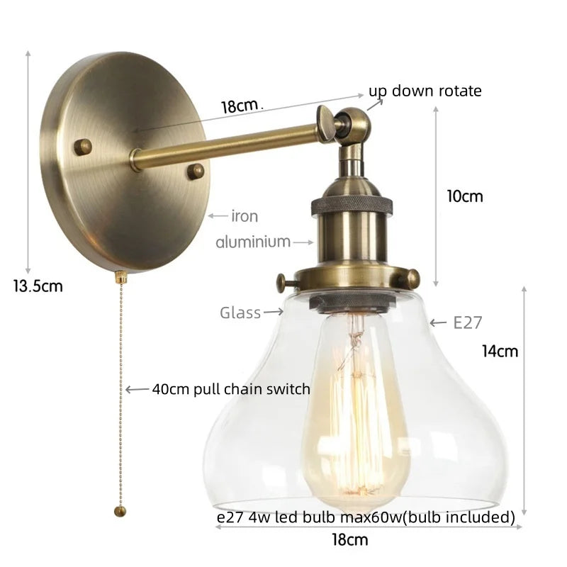 Afralia™ Red Bronze LED Wall Lamp with Pull Chain Switch and Clear Glass