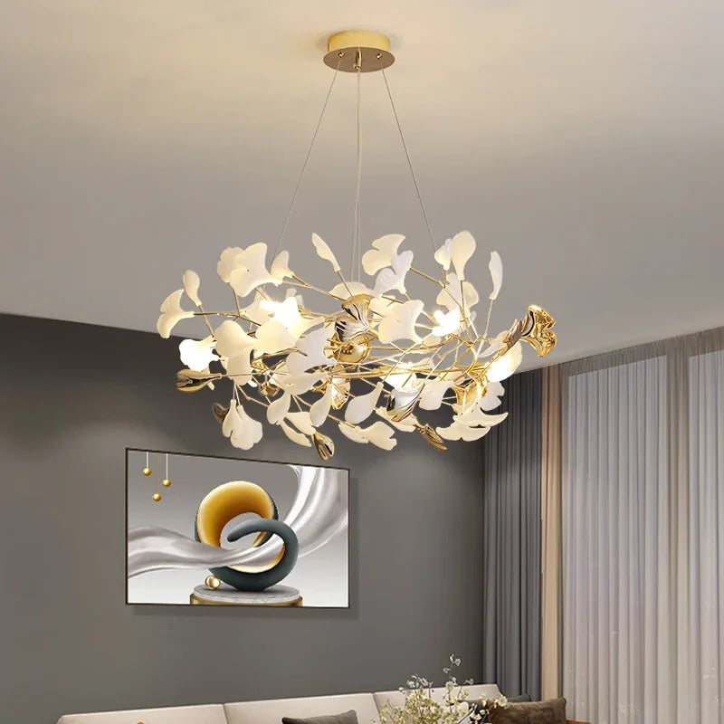 Afralia™ Ceramic Ginkgo Branch Chandelier LED Pendant for Luxurious Dining and Study Room