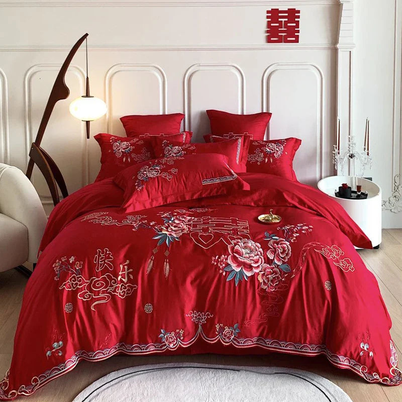 Afralia™ Peony Flowers Embroidery Queen Bedding Set with Brushed Duvet Cover and Sheet