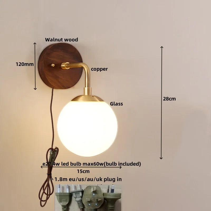 Afralia™ Walnut Wood Glass Wall Light Fixture for Home Decor, Modern Nordic Design