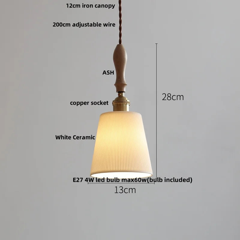 Afralia™ LED Pendant Light Ash Wood White Ceramic Japanese Style Hanging Lamp