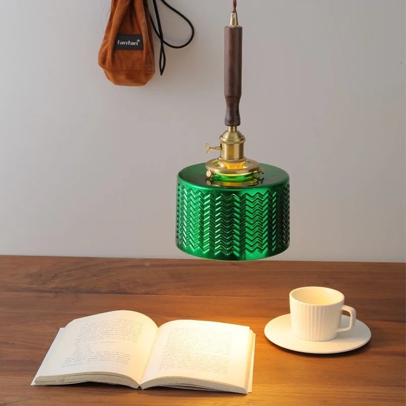 Afralia™ Green Glass LED Pendent Lamps, Walnut Copper Modern Hanging Light Fixtures
