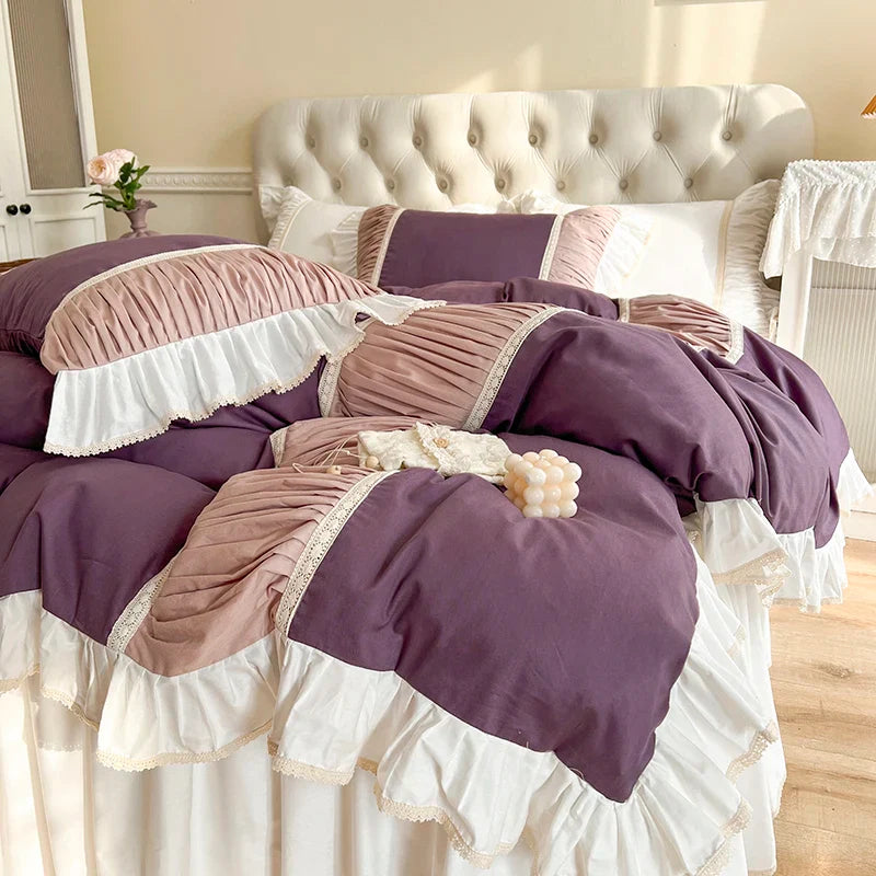 Afralia™ Korean Princess Style Cotton Bedding Set with Pleated Ruffles and Soft Quilt Cover