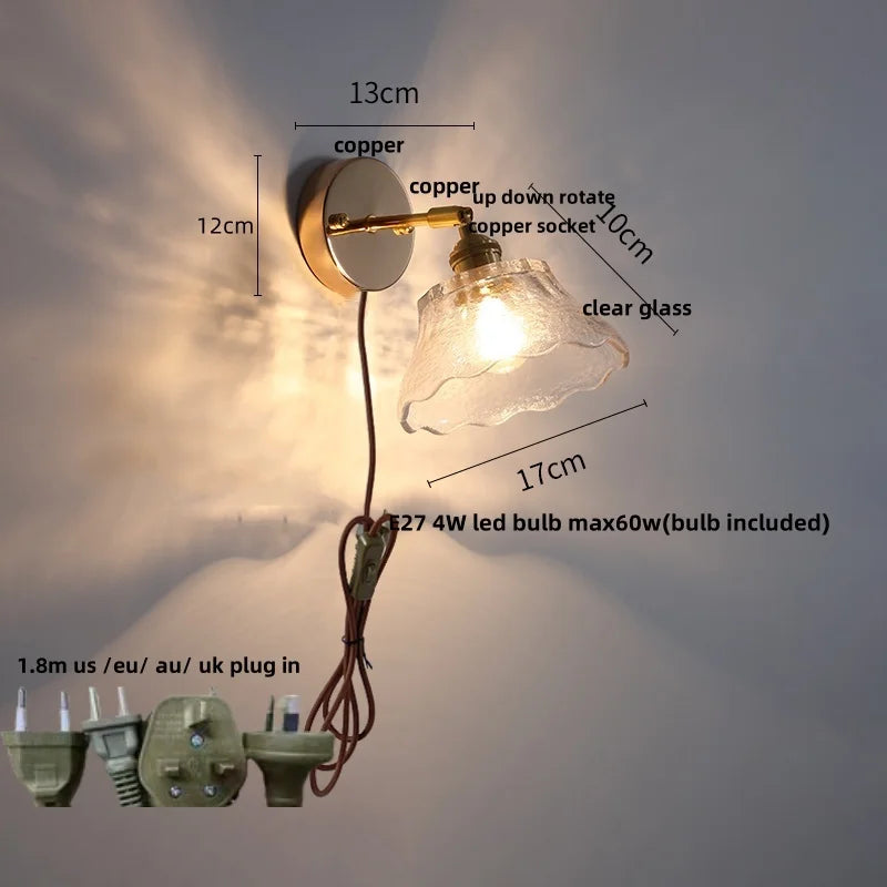 Afralia™ Copper LED Wall Lights Clear Glass Switch Bedside Lamp Nordic Modern