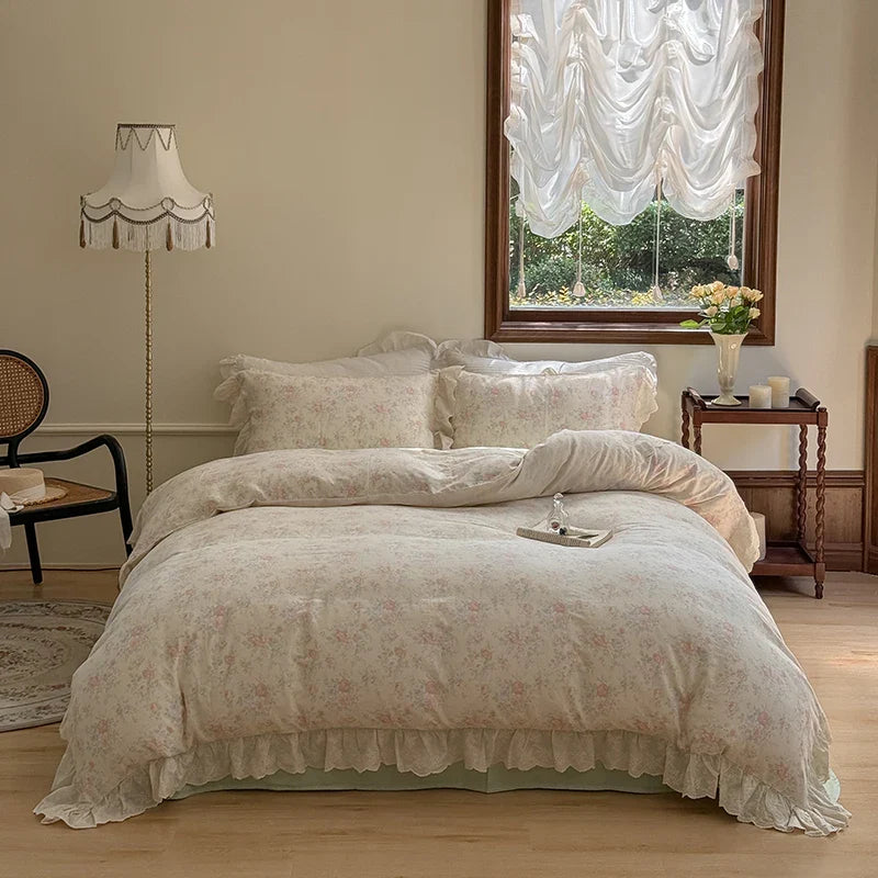 Afralia™ Elegant Floral Lace Ruffles Bedding Set with Double Yarn - Soft Cotton Blend