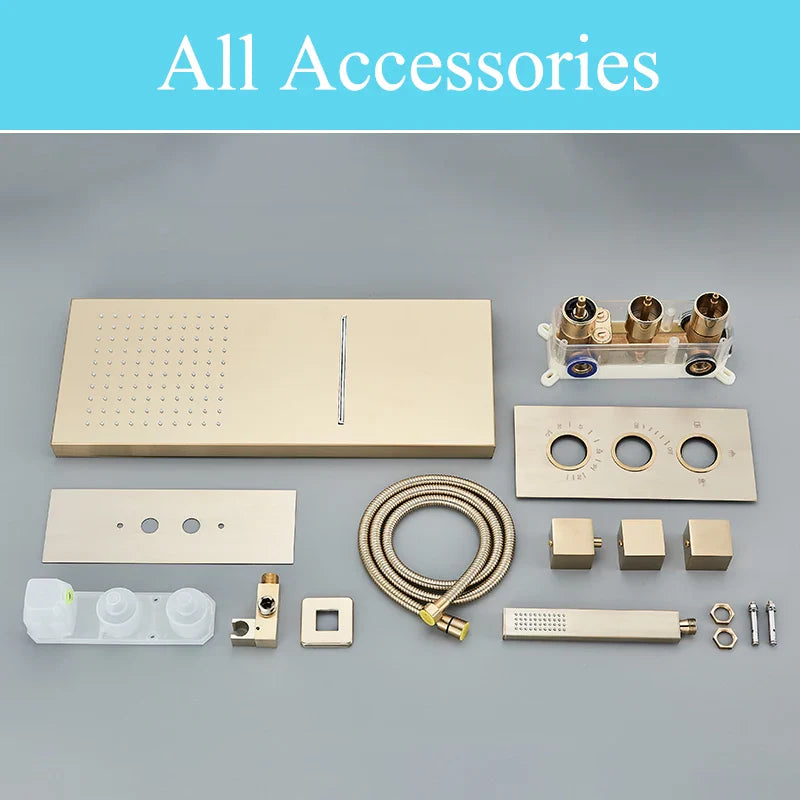 Afralia™ Gold Thermostatic Rain Waterfall Shower Faucet Set - Wall Mounted Shower System