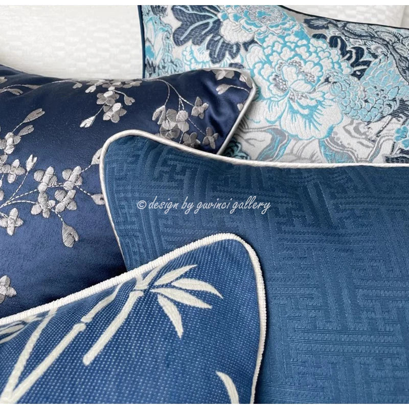Afralia™ Chinoiserie Blue Peony Floral Jacquard Cushion Cover - Oriental Art Decor for Sofa