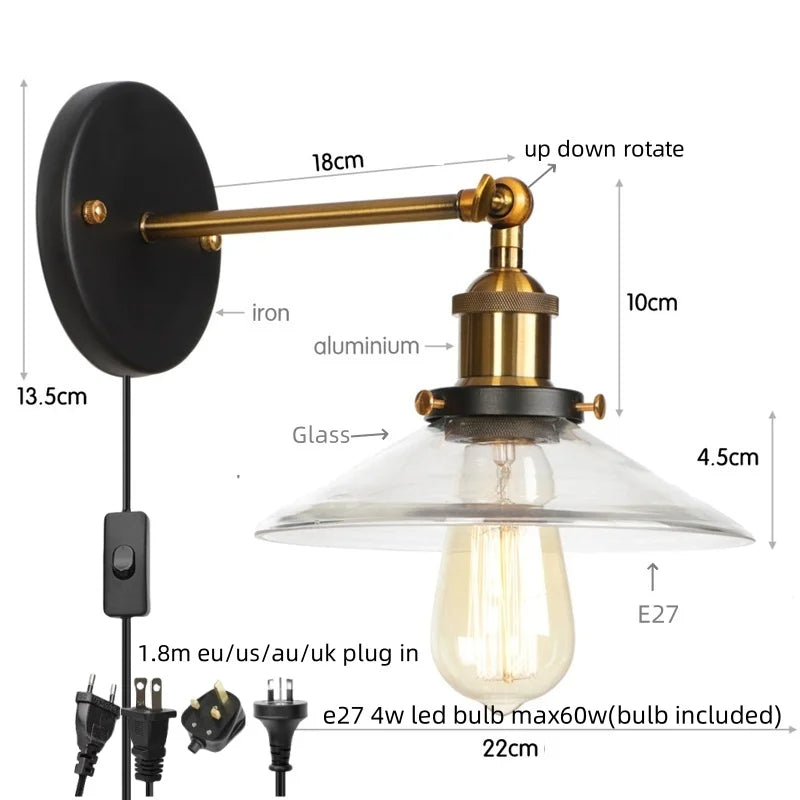 Afralia™ Vintage Industrial LED Wall Lamp with Clear Glass Shade