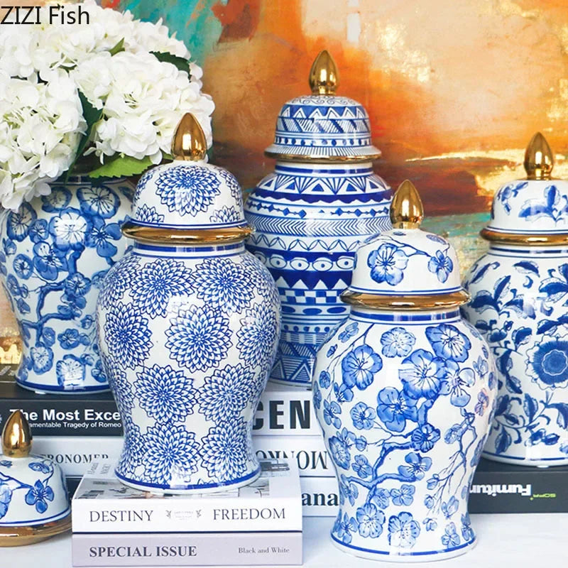 Afralia™ Blue & White Porcelain Ginger Jar: Retro Tea Caddy Vase Desk Decoration