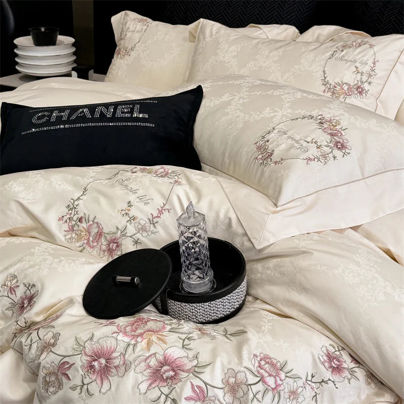 Afralia™ Silky Chic Jacquard Cotton Bedding Set with Flowers Embroidery