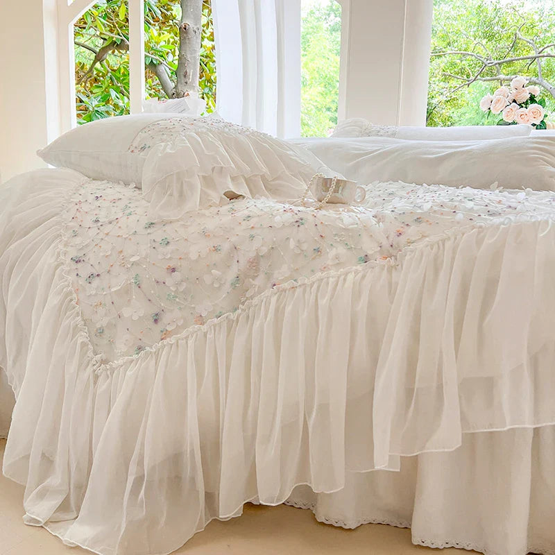 Afralia™ Floral Lace Ruffles Bedding Set: Duvet, Bedskirt, Bedspread, Sheet, Pillowcases