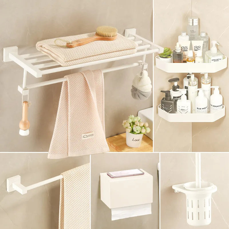 Afralia™ Bathroom Set: Cream White Shelf, Towel Rack, Paper Holder, Brush Holder & Hardware