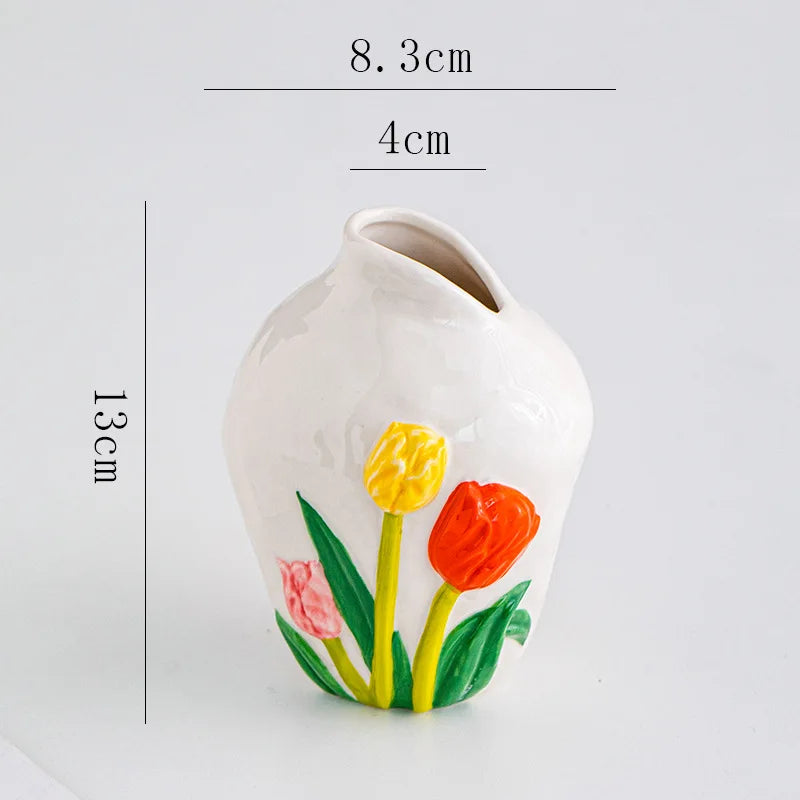 Afralia™ Tulip Embossed Ceramic Vase - Colorful Floral Pattern - Home Décor Vase