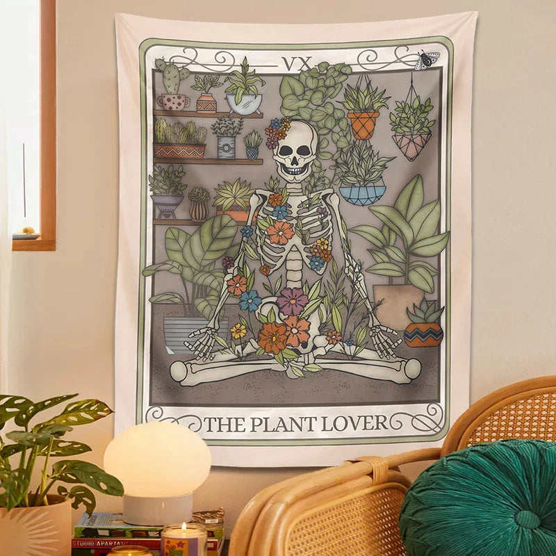 Afralia™ Plant Lover Tarot Card Tapestry | Botanical Skeleton Witch Wall Hanging