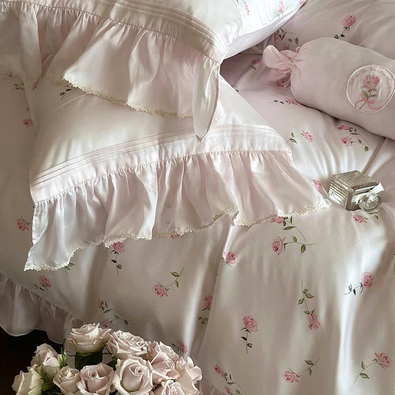 Afralia™ Vintage Rose Print Lace Ruffles 4-Piece Bedding Set - Egyptian Cotton