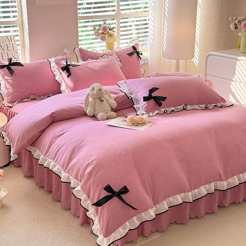 Afralia™ Lace Bow Bed Skirt Bedding Set in Romantic Solid Color for King Queen Double Sizes