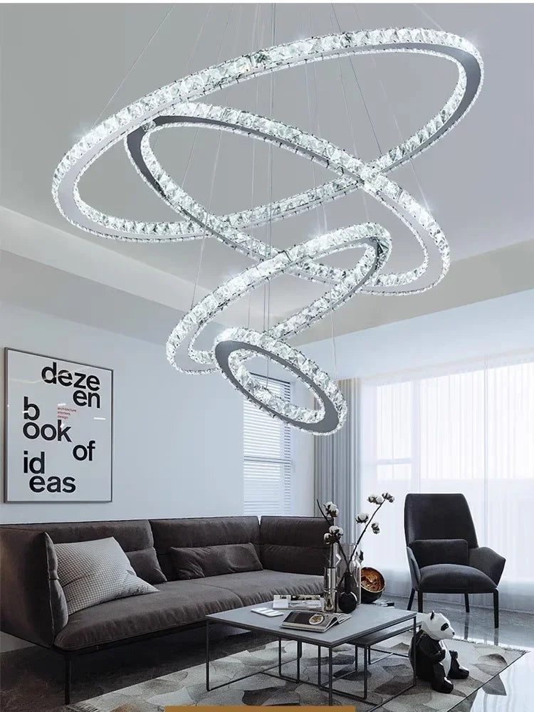 Afralia™ Crystal Rings LED Chandelier, Chrome Lustre Ceiling Pendant for Living Room