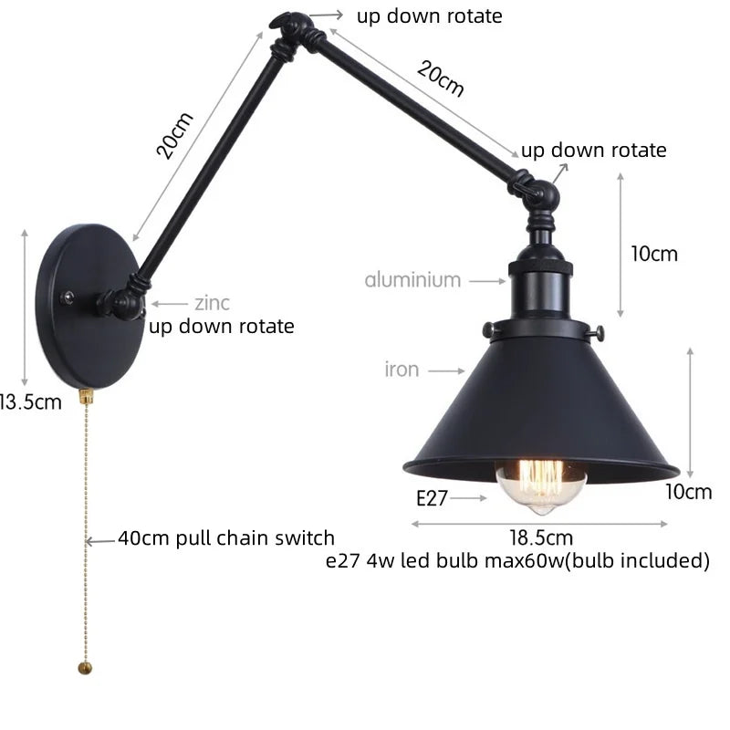 Afralia™ Iron LED Wall Lamp Pull Chain Switch Industrial Vintage Loft Stair Light