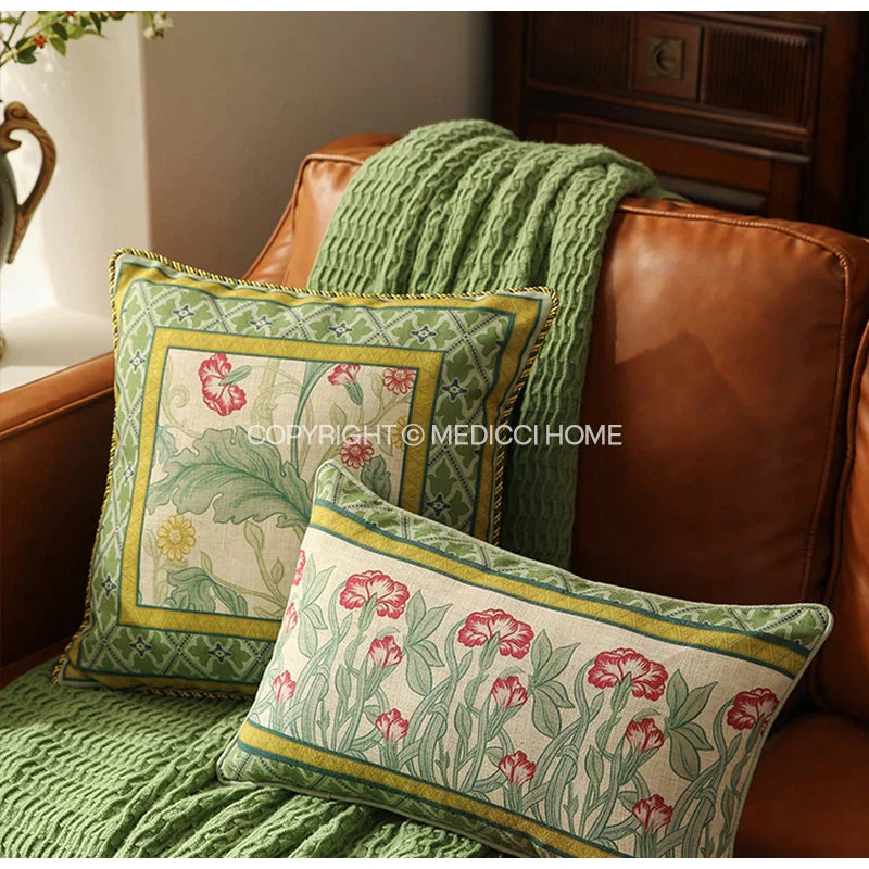 Afralia™ French Linen Flax Lumbar Pillow Cover Flower Birds Print, Fairy Green