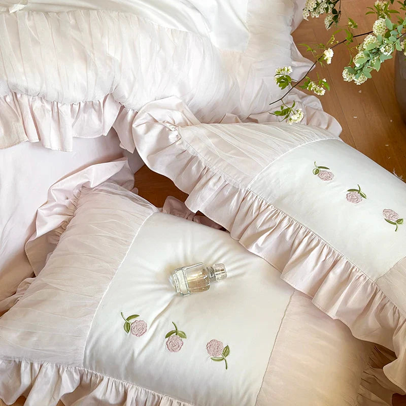 Afralia™ Rose Embroidery Lace Ruffles Bedding Set 1000TC Egyptian Cotton Duvet Cover Flat Sheet