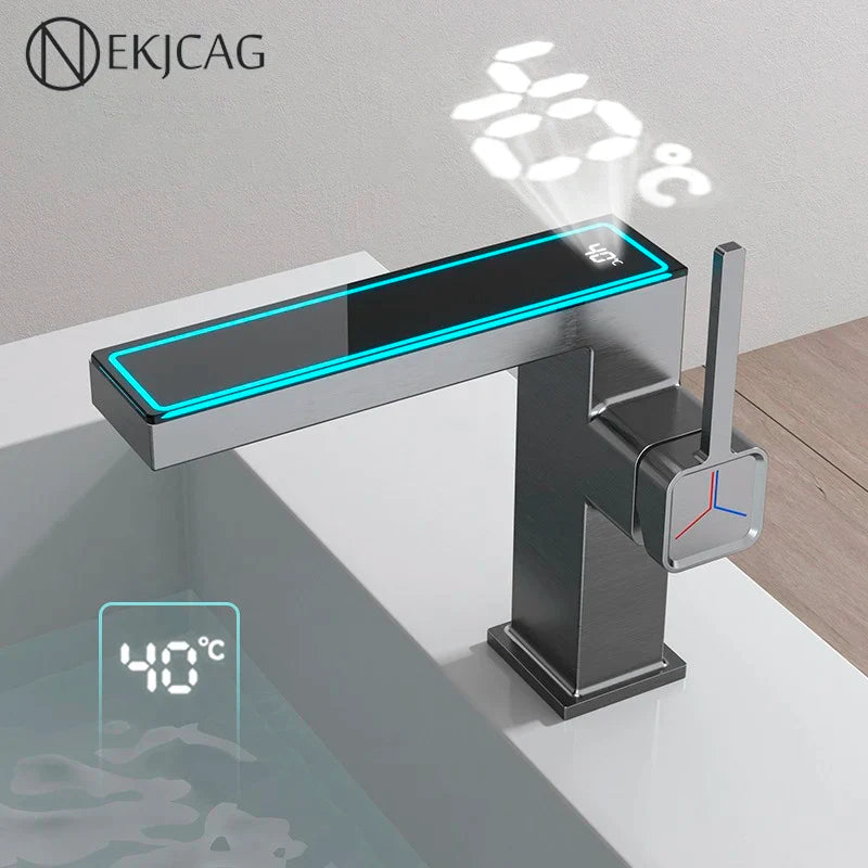 Afralia™ Gun Grey Digital Display Basin Faucet: Modern Black Bathroom Sink Tap with Temperature Display