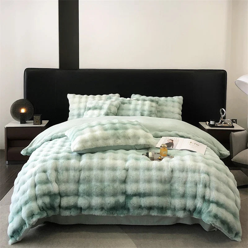 Afralia™ Faux Rabbit Fur Velvet Bedding Set, Plush Duvet Cover, Sheet, Pillowcases, Gradient Color
