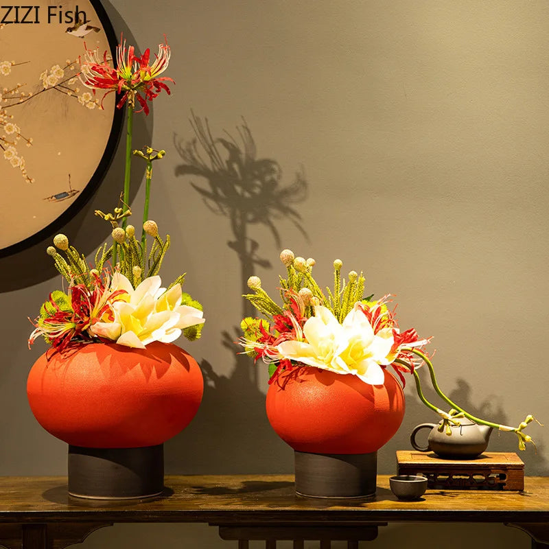 Afralia™ Red Lantern Ceramic Vase - Modern Floral Room Decor