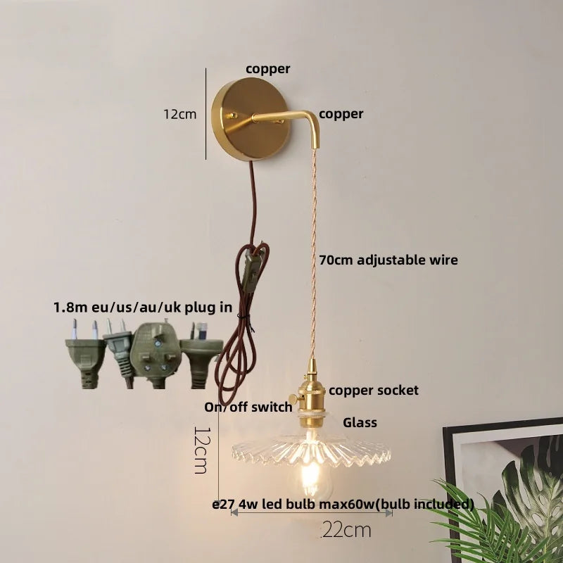 Afralia™ Modern Clear Glass LED Wall Light with Pull Chain Switch, Adjustable Wire & Copper Wall Lamps