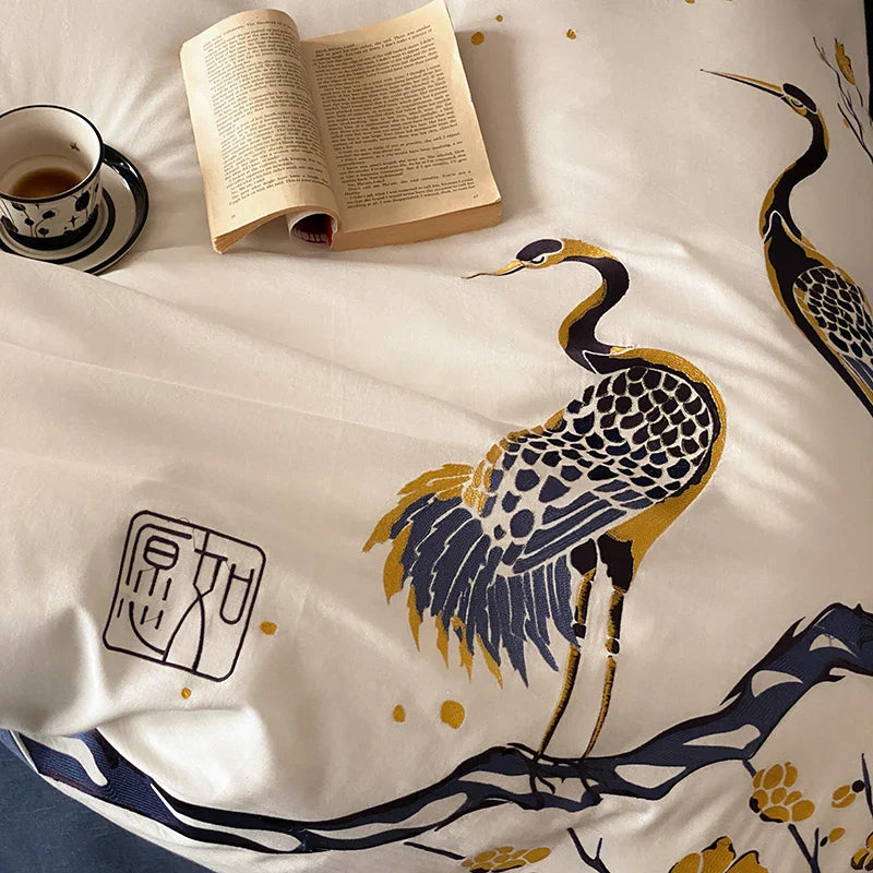 Afralia™ Red-crowned Crane Embroidery Bedding Set, 40S Washed Cotton, Soft & Skin Friendly