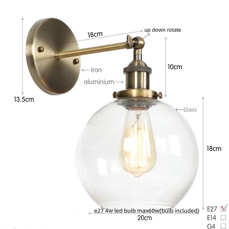 Afralia™ Vintage Globe Glass LED Wall Lamp for Living Room Porch Industrial Bedside