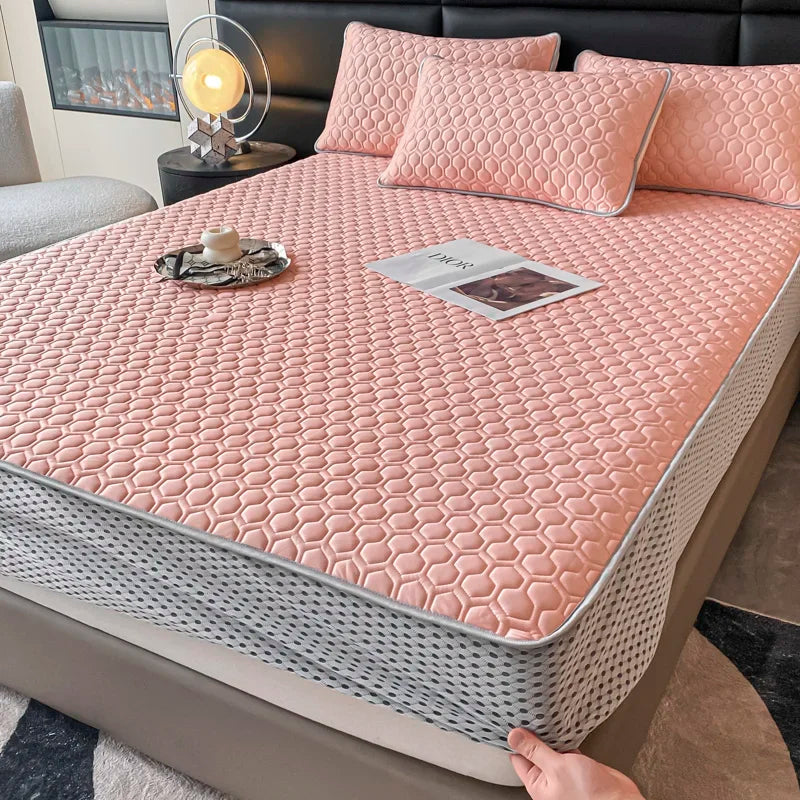 Afralia™ Queen Size Cooling Fitted Sheet Set - Soft Latex Ice Silk Mat & Pillowcase