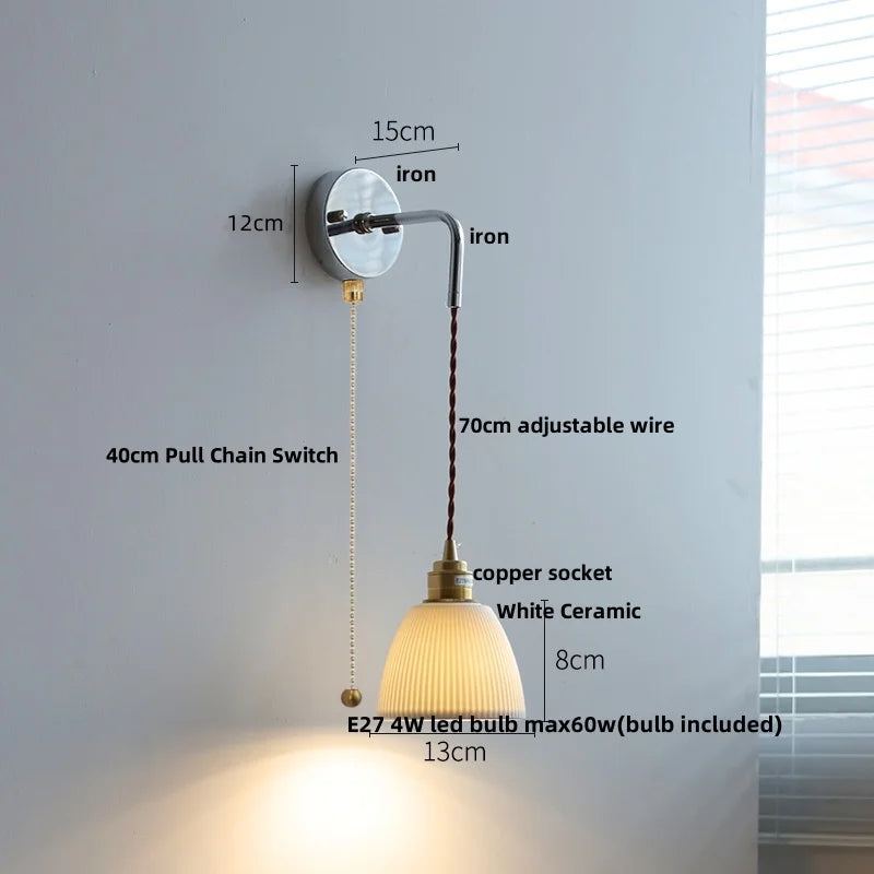 Afralia™ Ash Wood LED Wall Light with Pull Chain Switch – Japanese Style Bedside Lamp