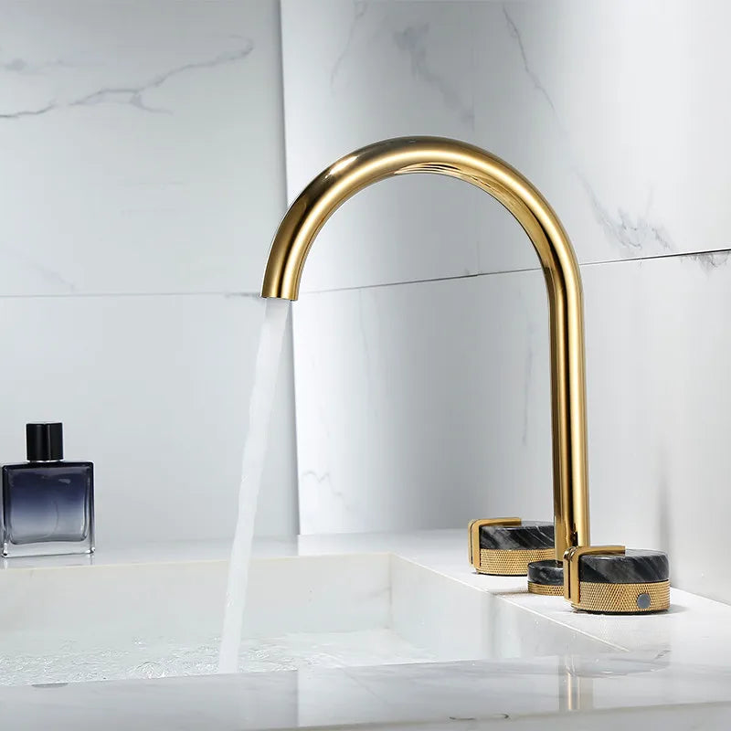 Afralia™ Gold Brass and Marble Widespread Bathroom Faucet 8' Basin Mixer
