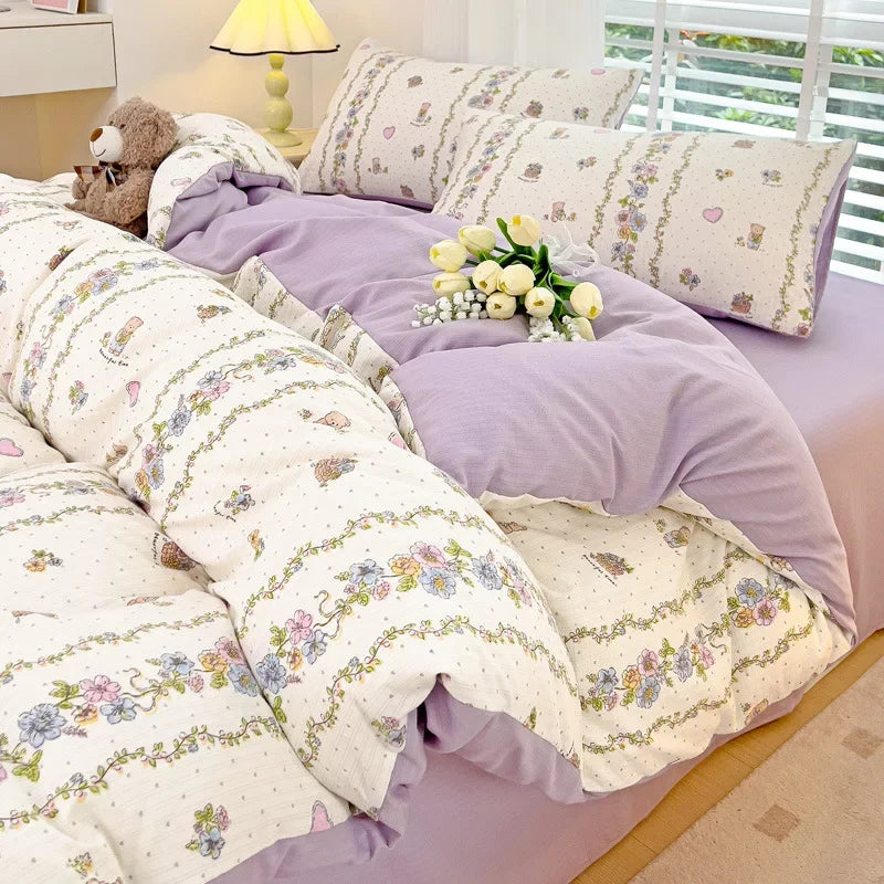 Afralia™ Cotton Flower Printed Comforter Set: Breathable Double-Layer Yarn, Soft Bedding for Girls