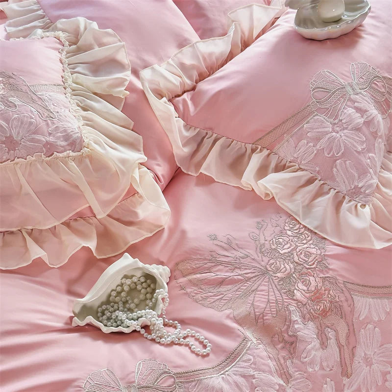 Afralia™ Pink Butterfly Embroidery Lace Princess Wedding Bedding Set