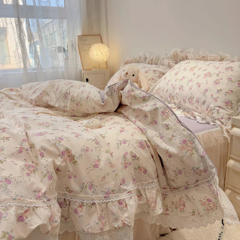 Afralia™ Korean Princess Style Floral Lace Ruffles Bedding Set with Pillowcase