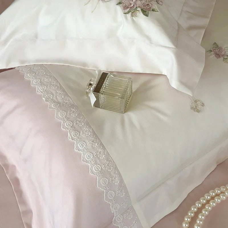 Afralia™ Flowers Embroidery Lace Princess Bedding Set 1000TC Egyptian Cotton Duvet Cover Set