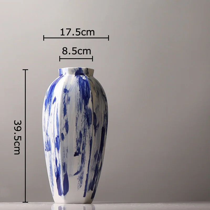 Afralia™ Blue & White Porcelain Vase: Ink Style Flowers, Aesthetic Room Decor