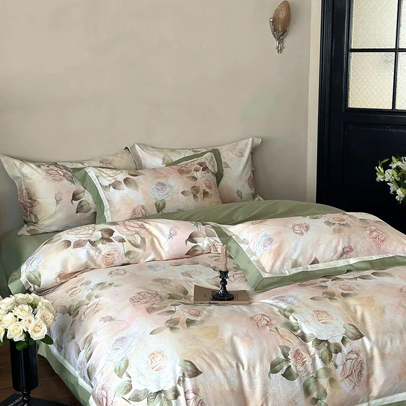 Afralia™ Egyptian Cotton French Rose Flower Print Bedding Set with Vintage Charm