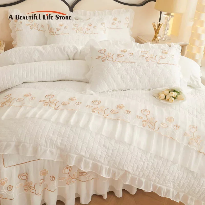 Afralia™ Quilted Embroidery Bedding Set with Lace Ruffles, Duvet Cover, Bed Skirt - Various Colors