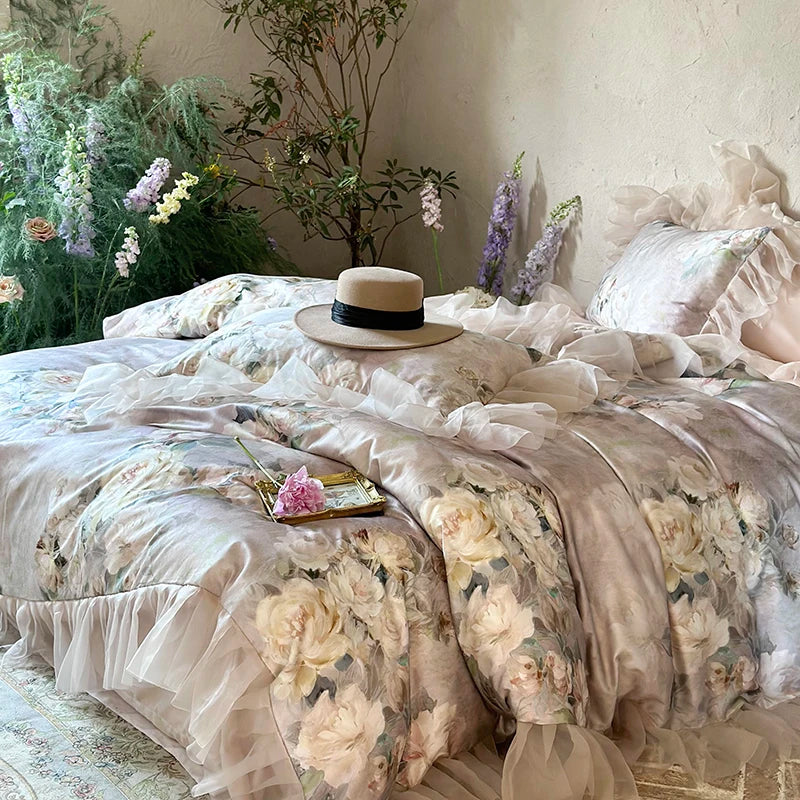 Afralia™ French Flowers Lace Ruffles Bedding Set with Silky Soft Lyocell Cotton