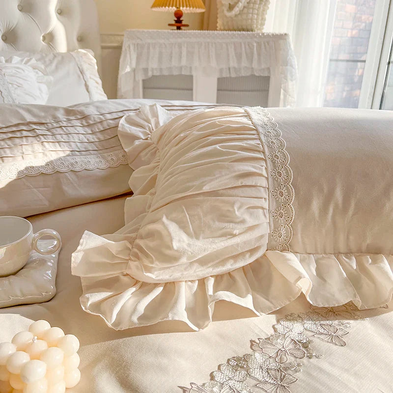 Afralia™ French Princess Cotton Bedding Set with Flower Embroidery and Ruffle Edge