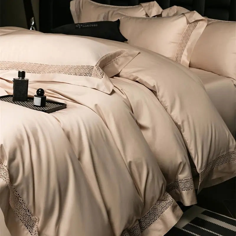 Afralia™ Luxury Lace Edge Bedding Set: Queen King Duvet Cover, Bed Sheet, Pillowcase