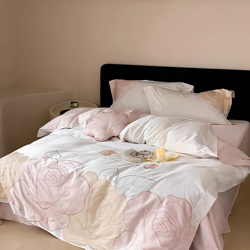 Afralia™ Luxury Rose Flowers Embroidery Bedding Set 1000TC Egyptian Cotton Duvet Cover Set