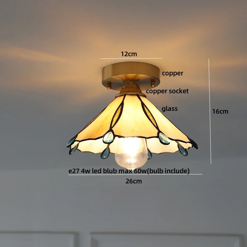 Afralia™ Handcrafted Glass Copper Canopy Ceiling Light Tiffany Style Glass Vintage Loft