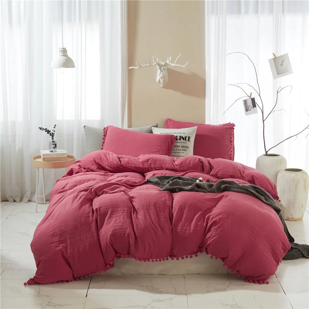 Afralia™ Pom-Pom Duvet Cover Set with Solid Color Design, Available in Various Sizes.
