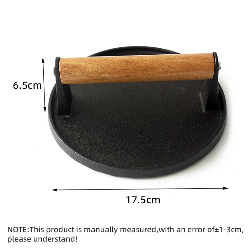 Afralia™ Cast Iron Steak Press Plate with Wooden Handle - Kitchen Barbecue Tool