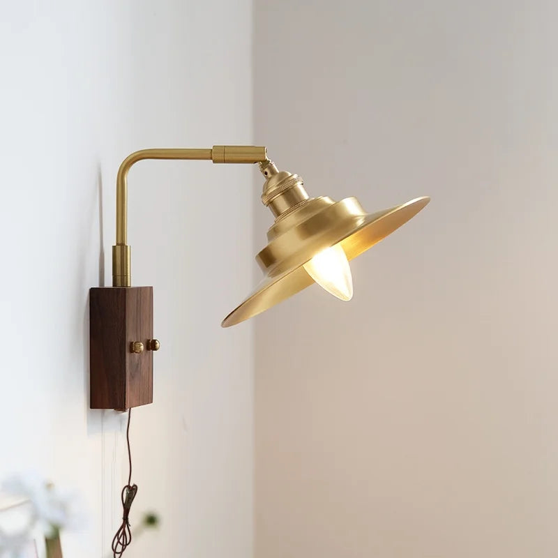 Afralia™ LED Wall Light Walnut Wood Rotate Copper Bedside Lamp